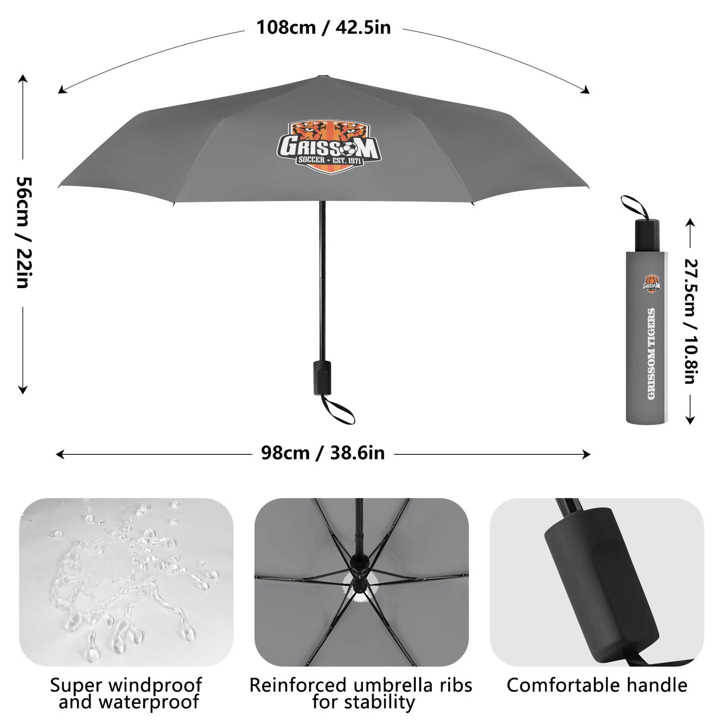 Grissom Men Soccer Logo Outside Print Manual Folding Umbrella