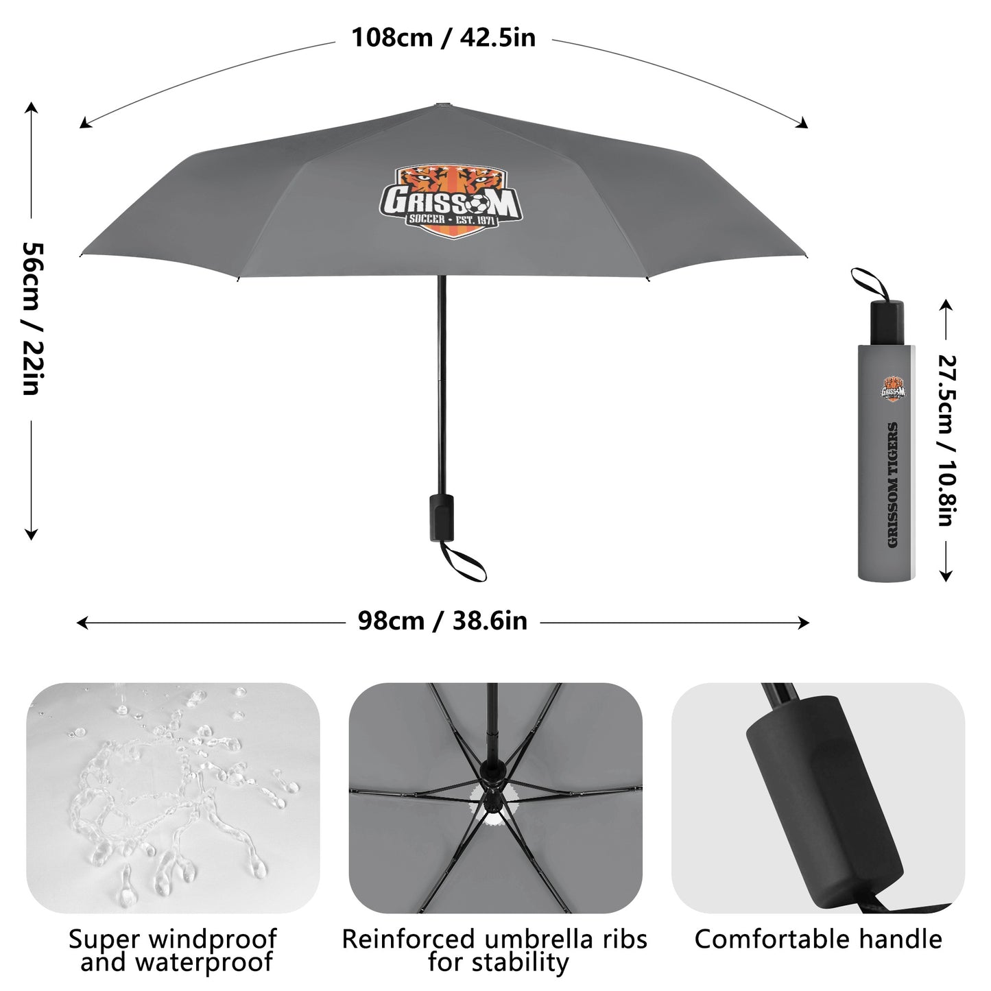 Grissom Men Soccer Logo Outside Print Manual Folding Umbrella