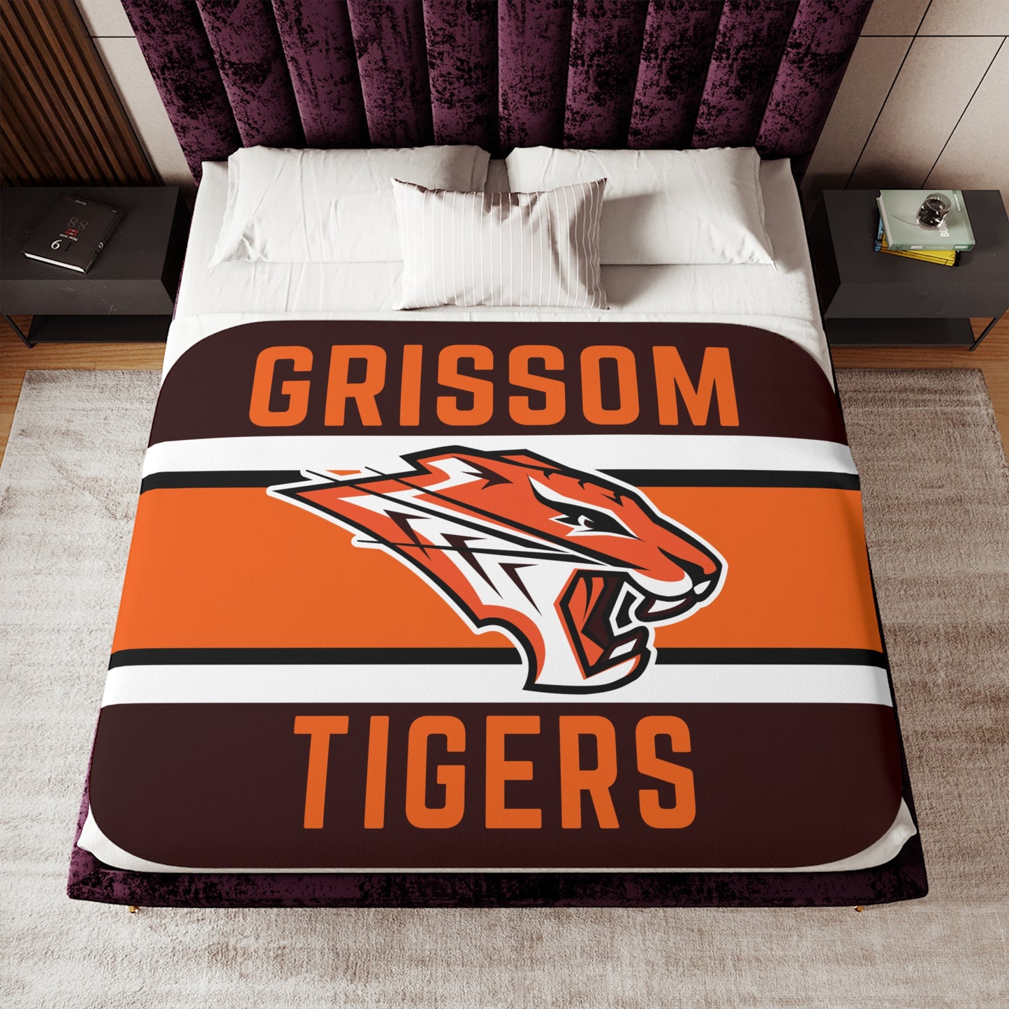Grissom Tiger's Soccer Logo Brown/Orange Velveteen Plush Blanket