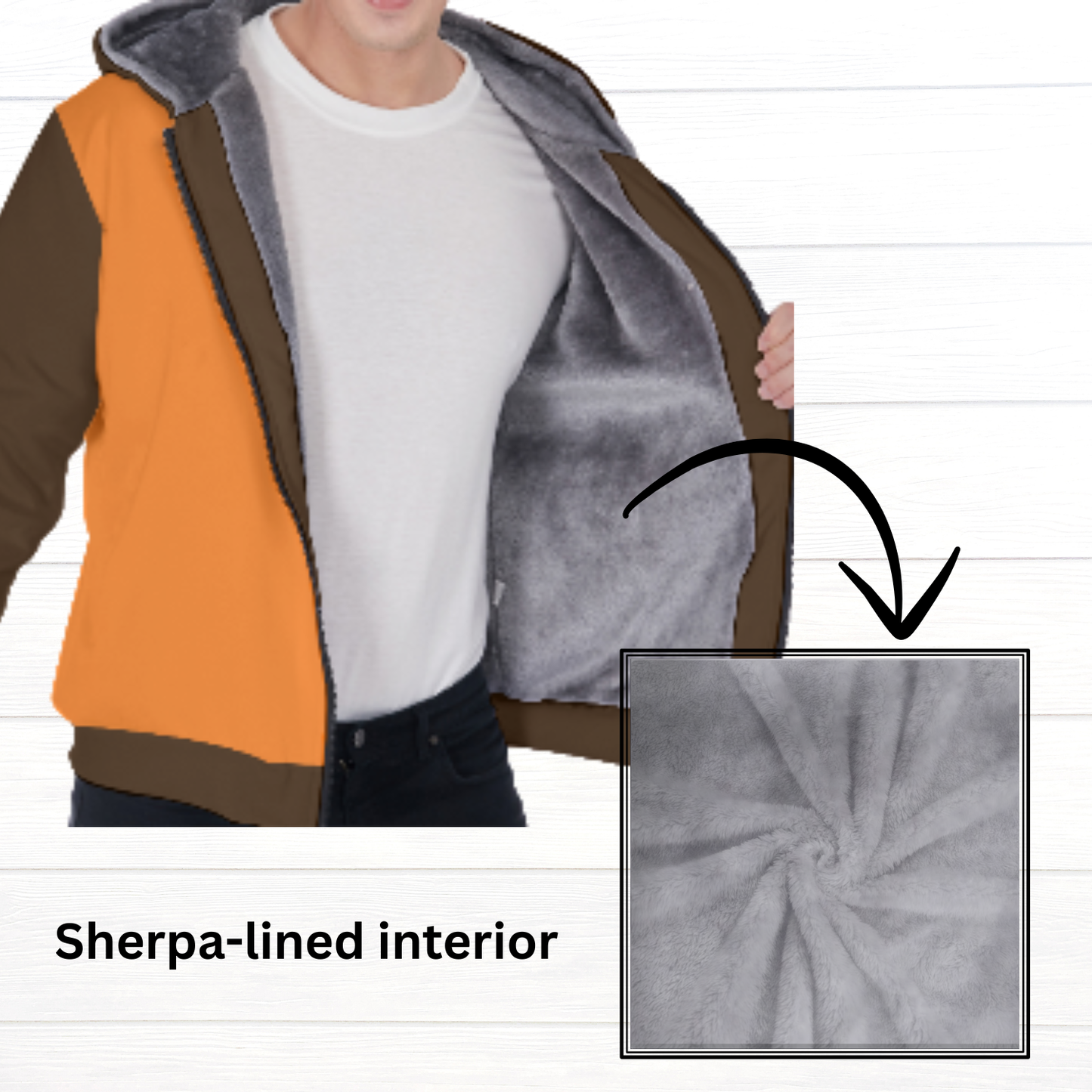 Sherpa Fleece Zip Up Hoodie (Orange/Brown)