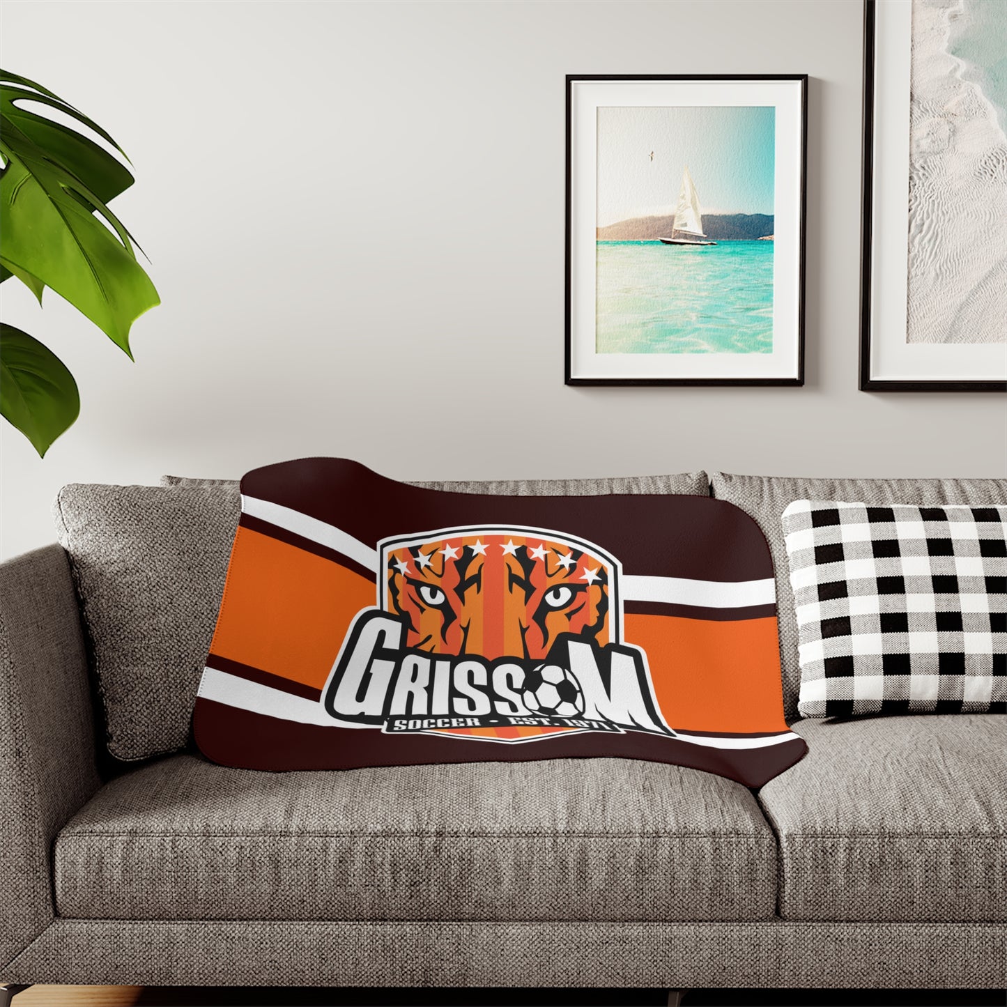 Grissom Men's Soccer Logo Brown/Orange Plush Blanket
