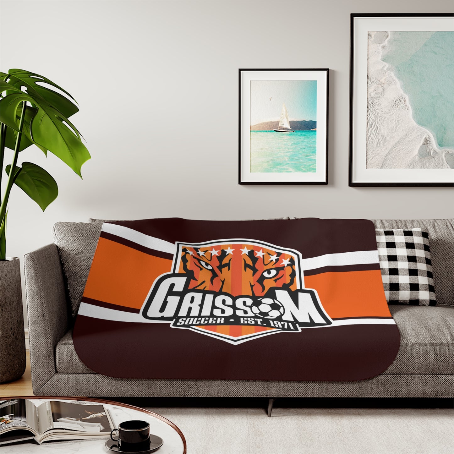 Grissom Men's Soccer Logo Brown/Orange Plush Blanket