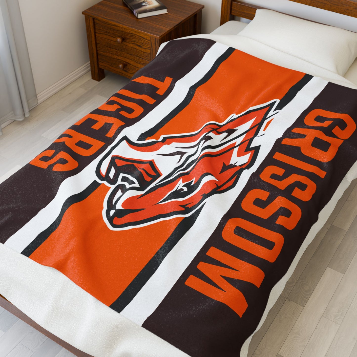 Grissom Tiger's Soccer Logo Brown/Orange Velveteen Plush Blanket