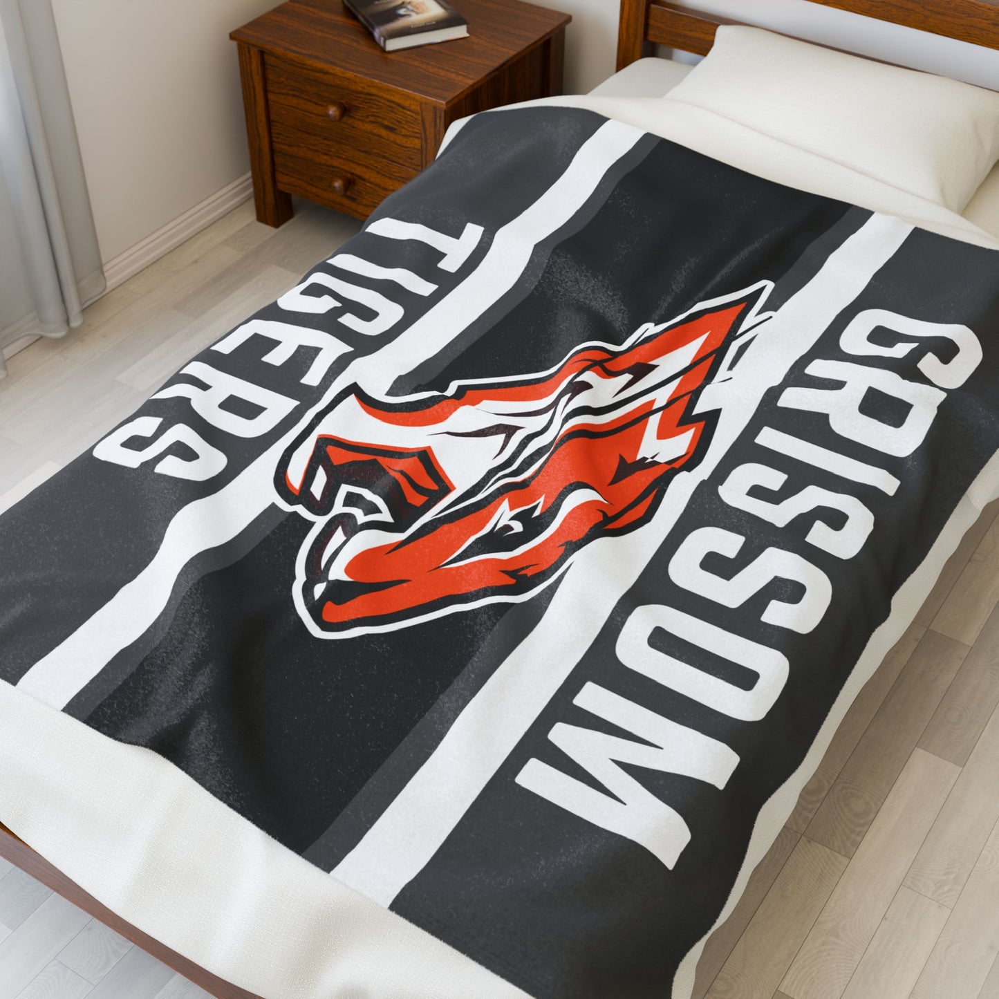 Grissom Tiger's Soccer Logo Gray/Black Velveteen Plush Blanket