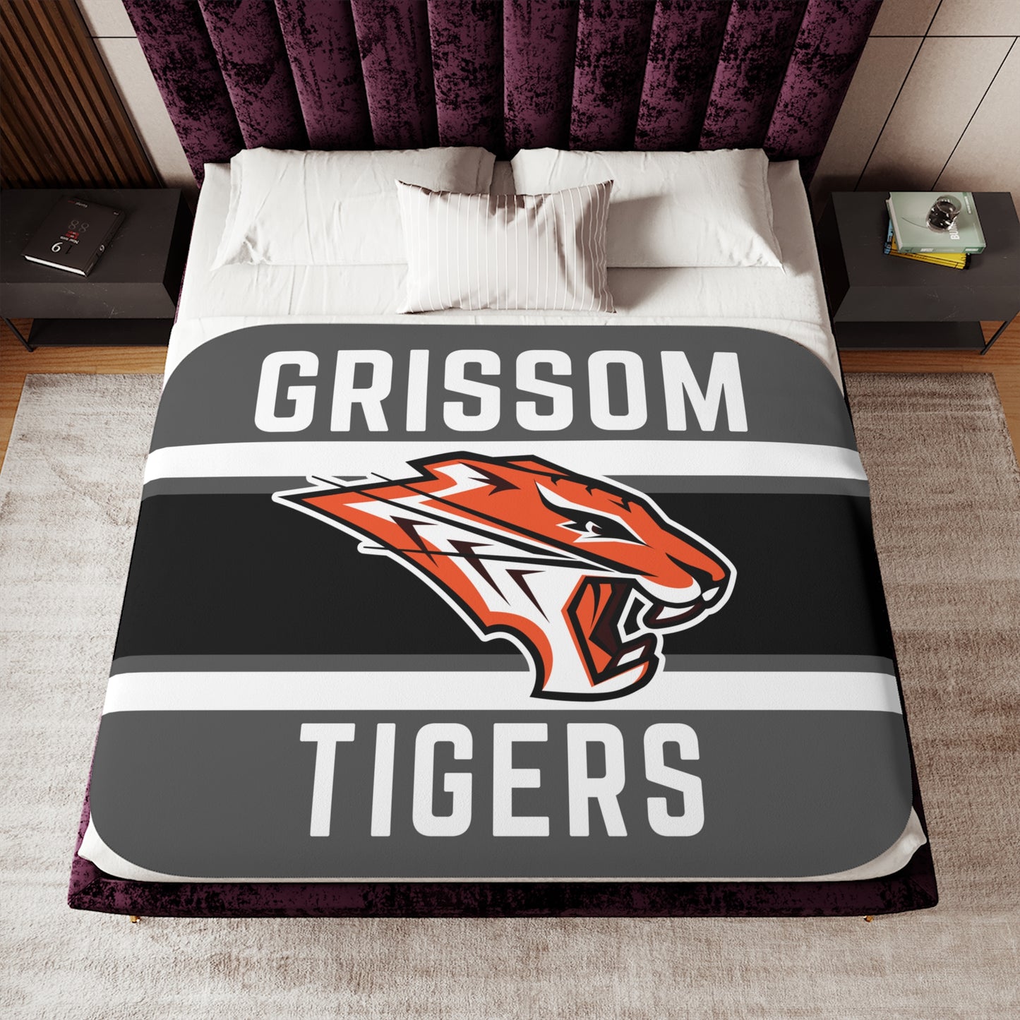 Grissom Tiger's Logo Gray/Black Velveteen Plush Blanket