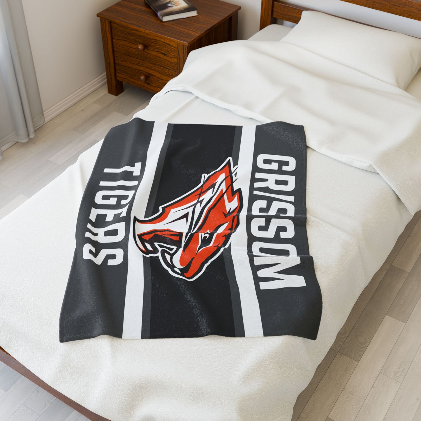 Grissom Tiger's Soccer Logo Gray/Black Velveteen Plush Blanket