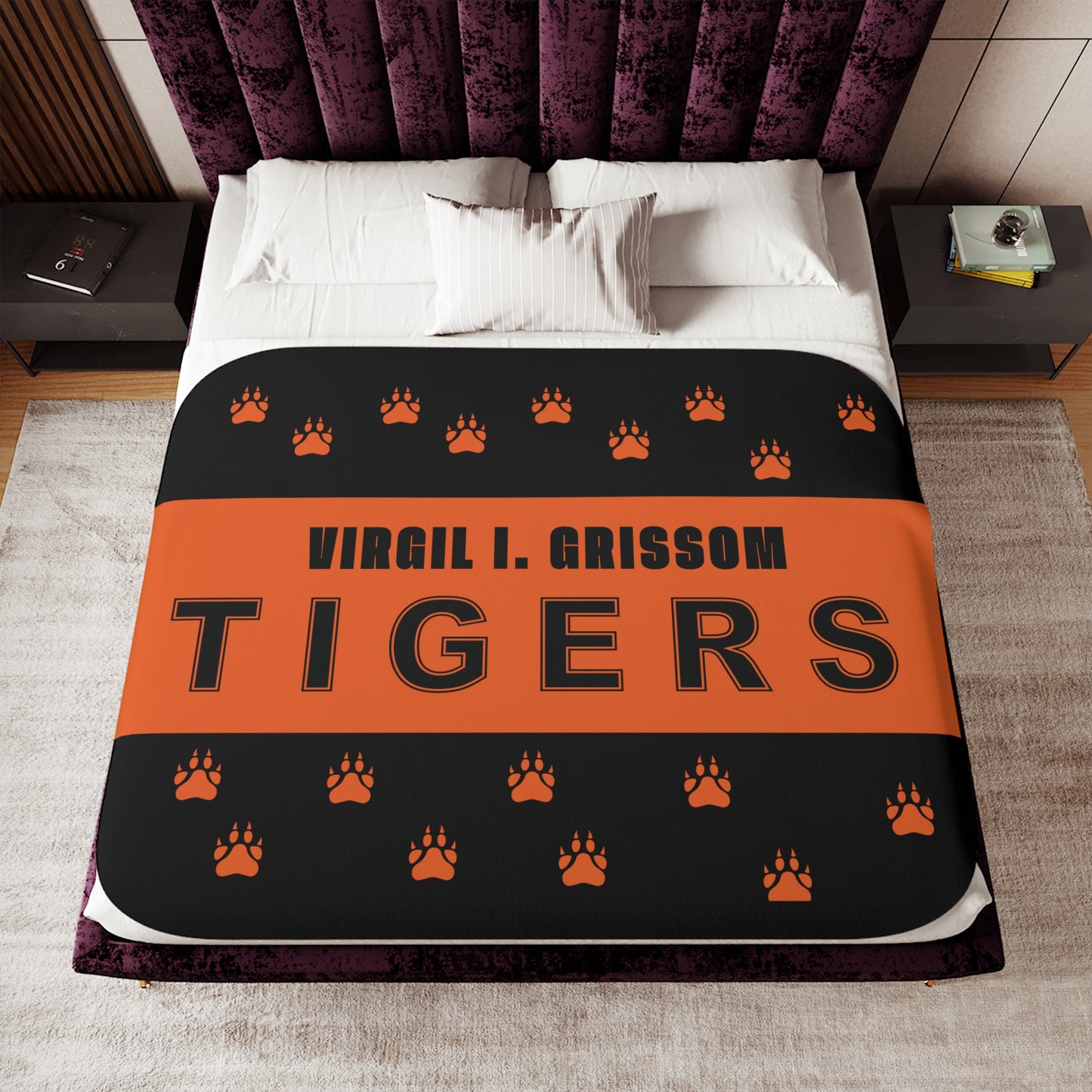 Virgil I. Grissom Tiger Paw Prints Black/Orange Velveteen Plush Blanket