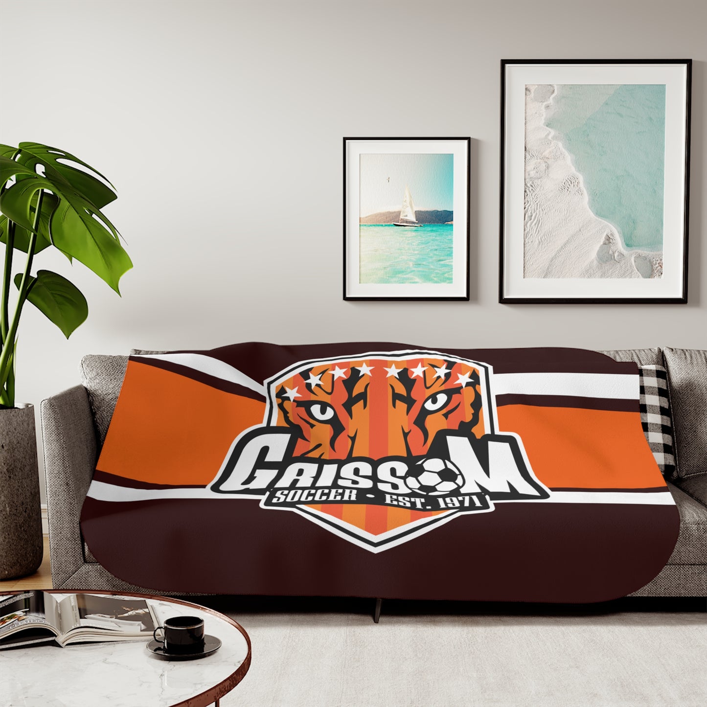 Grissom Men's Soccer Logo Brown/Orange Plush Blanket