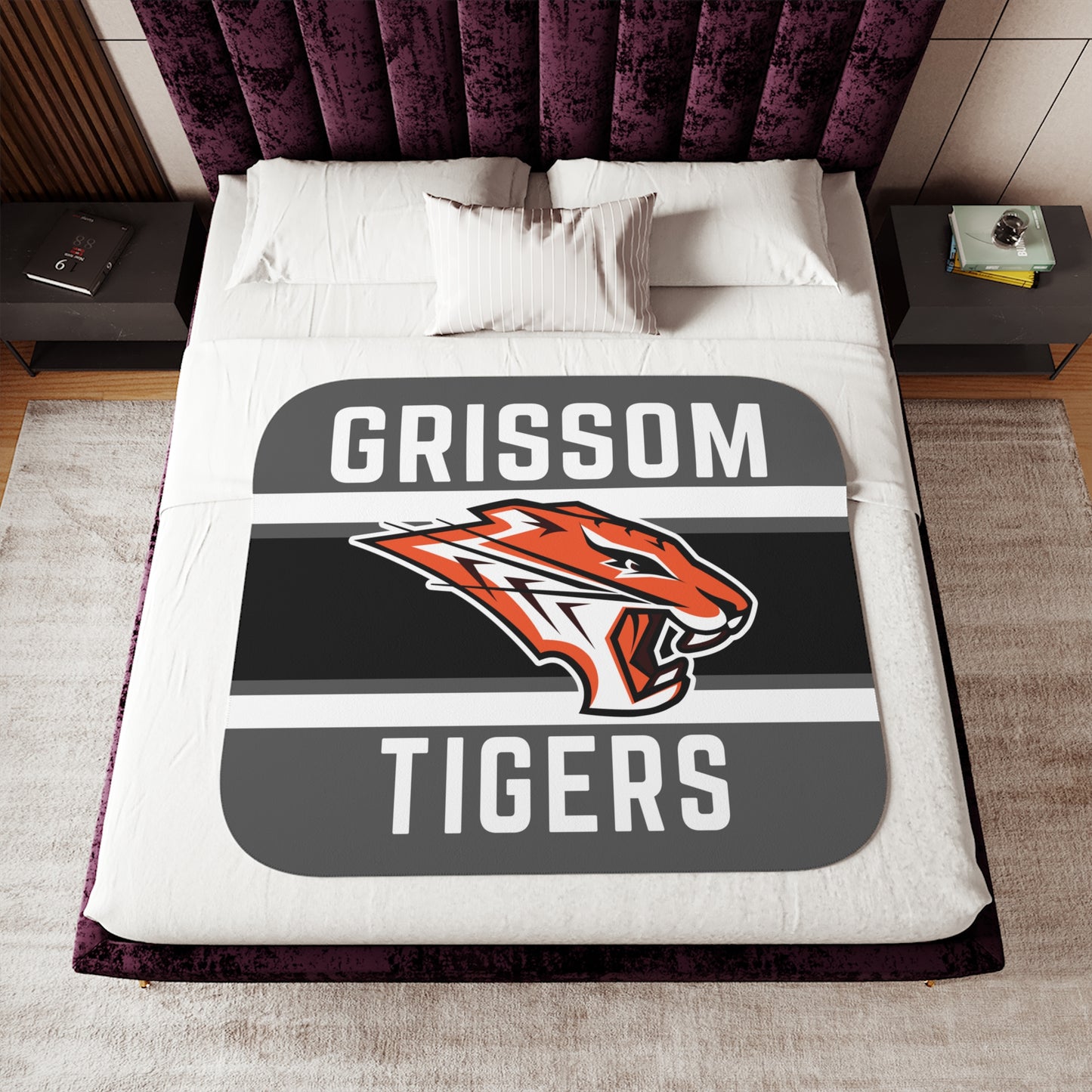 Grissom Tiger's Logo Gray/Black Velveteen Plush Blanket